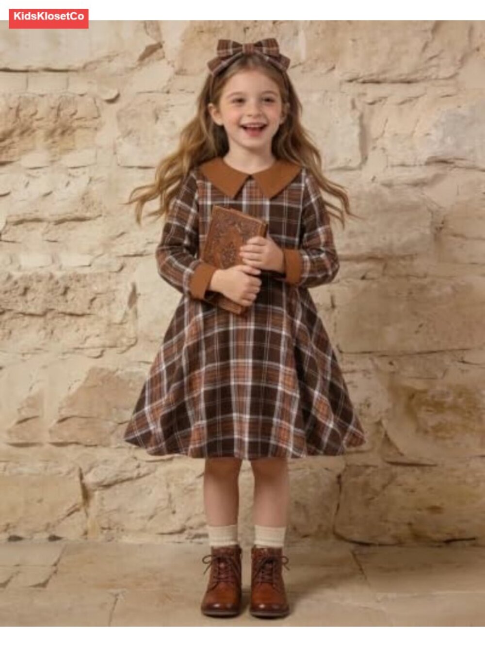 Girls Long Sleeve Plaid Swing Dress with Peter Pan Collar Fall Winter - Picture 2 of 6